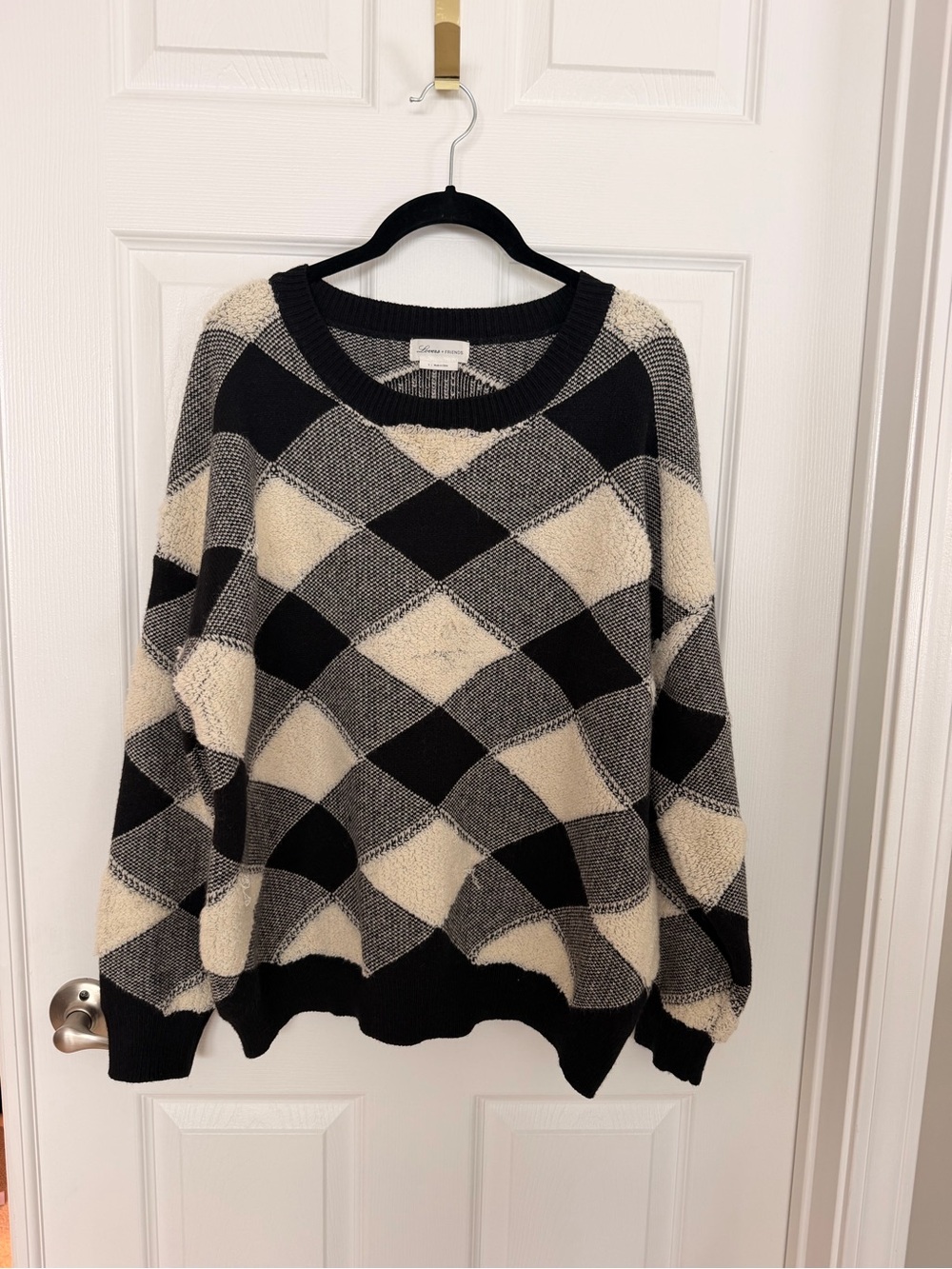 Lovers + Friends Black and Cream Argyle Crewneck Sweater